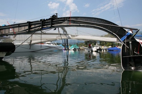 Alinghi 5 - with what some believe could be a ballast water pipe highlighted with the red arrows.  © David Lenoir